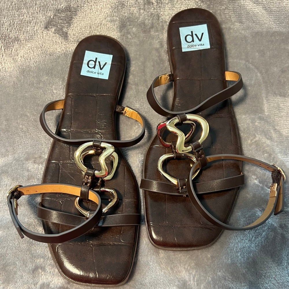 DV Dolce Vita Womens Dark Brown Croc Embossed Gold Ring Gladiator Sandals  8.5 - Picture 6 of 6